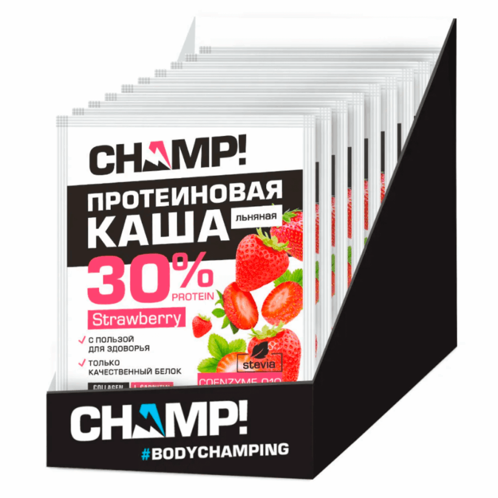 Протеиновая льняная каша ЧЕМП! с коэнзимом Q10, Клубника, 10 штук по 40 г, ЛЕОВИТ