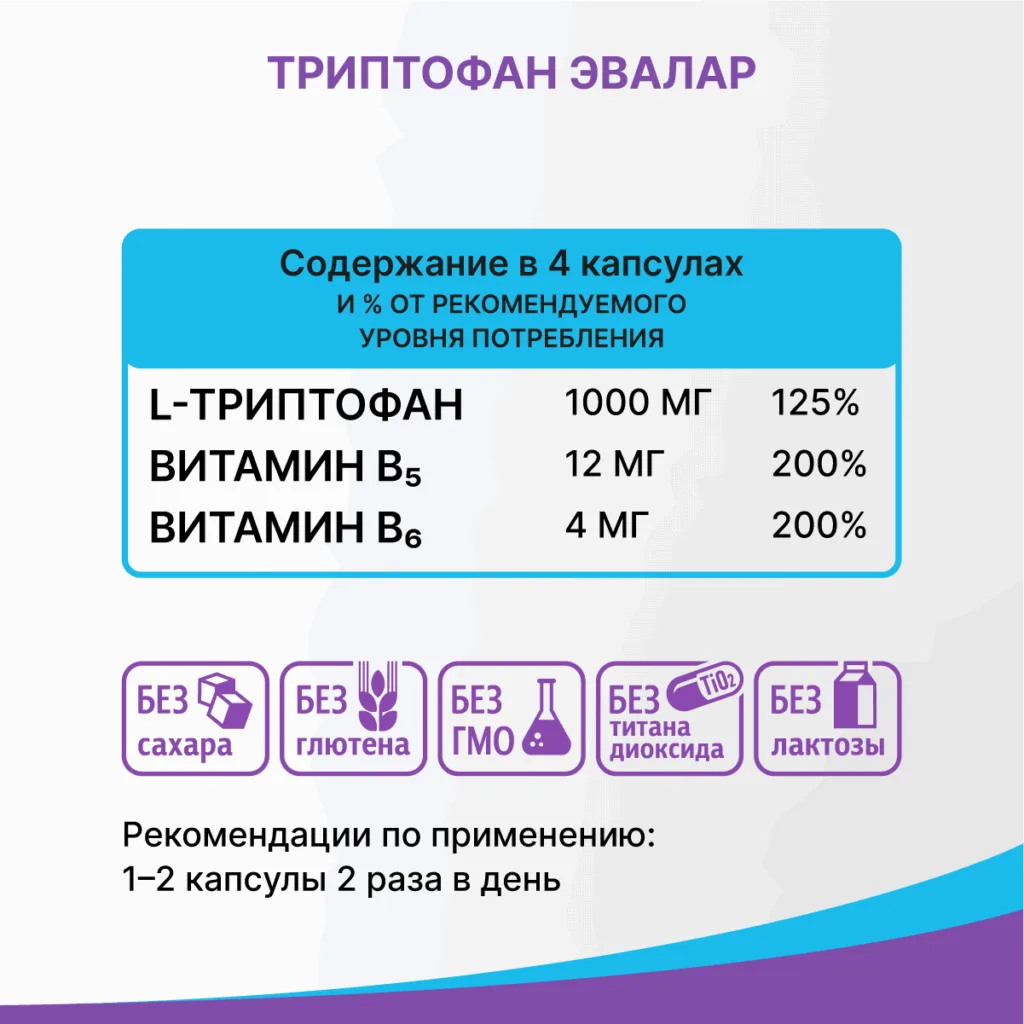Триптофан Формула Спокойствия, 60 капсул, Эвалар