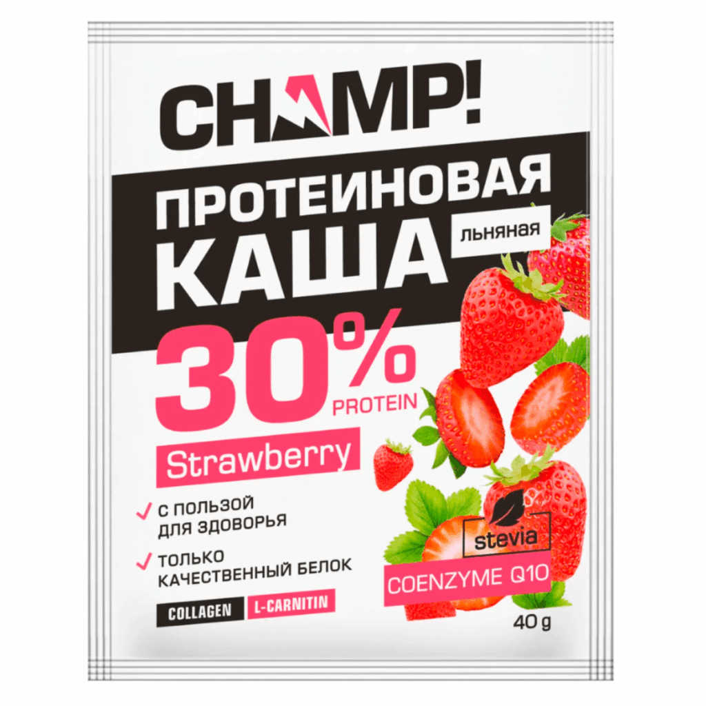 Протеиновая льняная каша ЧЕМП! с коэнзимом Q10, Клубника, 10 штук по 40 г, ЛЕОВИТ