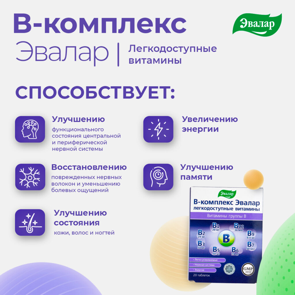 В-комплекс-легкодоступные витамины,20 таблеток, Эвалар